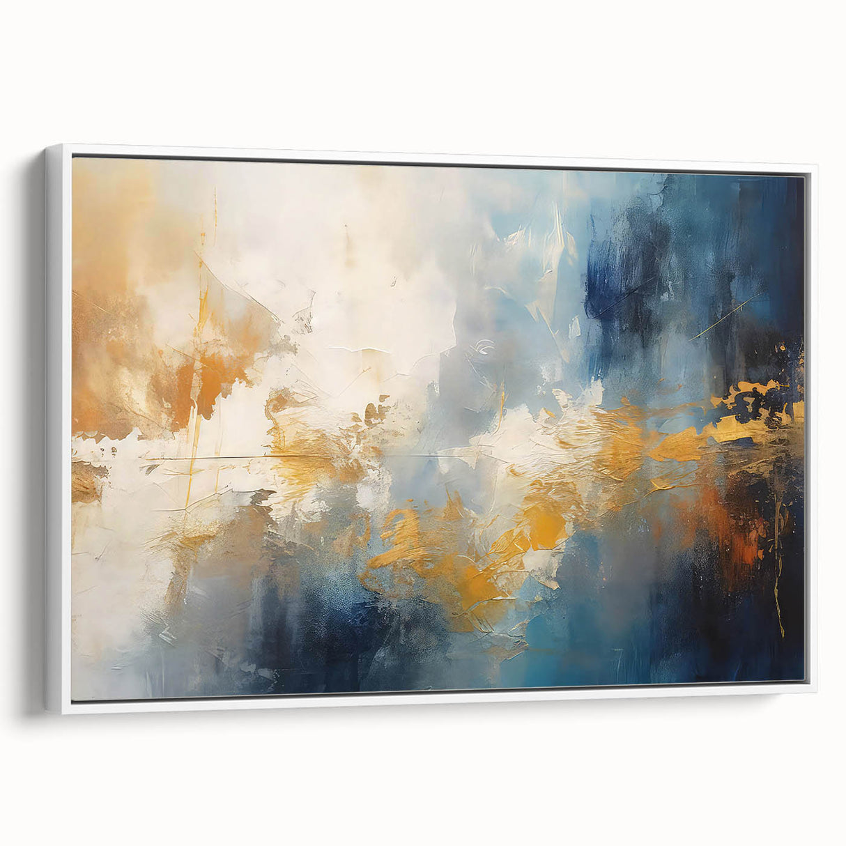 Framed wall art featuring an abstract design of colorful strokes and lines on a white canvas, showcasing modern decor style and elegance.