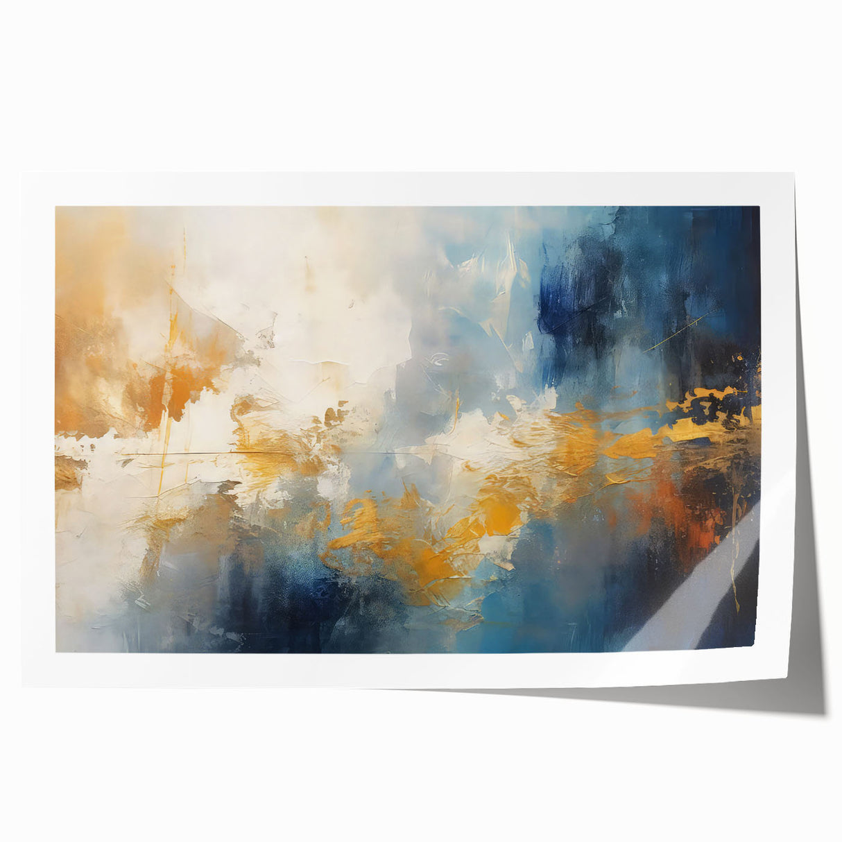 Abstract wall art print showcasing vibrant strokes and lines in shades of blue, gold, and coral, perfect for modern decor.