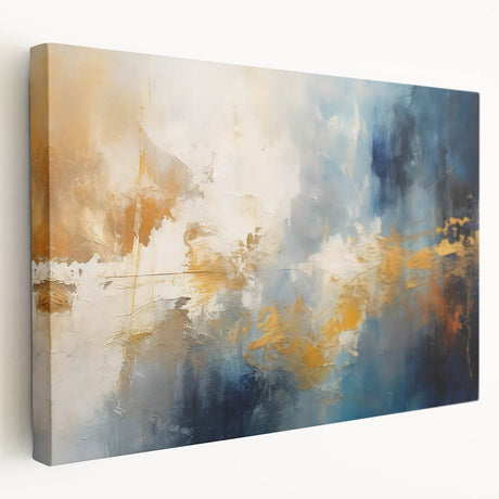 Abstract wall art featuring vibrant strokes and lines in shades of blue, yellow, and pink on a stretched canvas, ideal for modern decor.