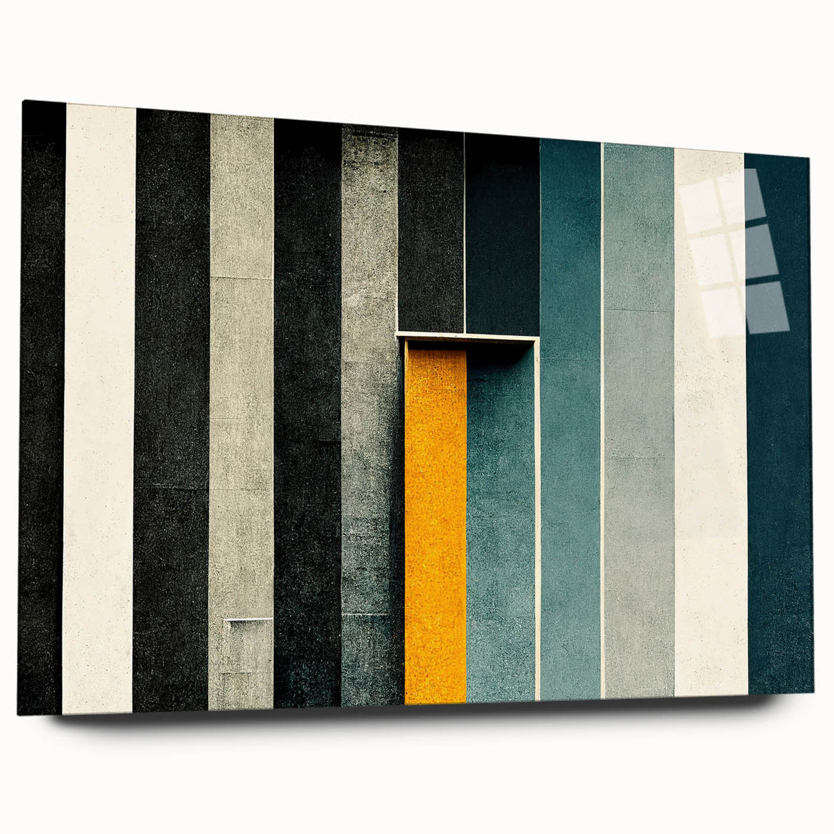 Abstract wall art design featuring vibrant strokes and lines in shades of blue, yellow, and orange, displayed in elegant acrylic glass without pins, perfect for modern decor.