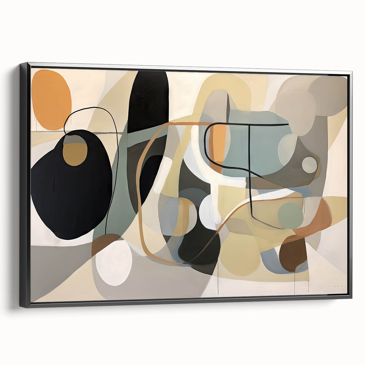 Framed abstract wall art showcasing a dynamic design of black strokes and lines on a textured canvas, emphasizing modern aesthetic appeal.
