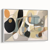 Framed abstract wall art showcasing vibrant strokes and lines in a modern design, featuring a sleek white frame and side view for depth.