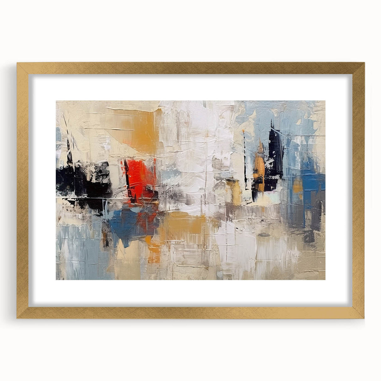 Abstract wall art featuring strokes and lines in soft pastels and gold accents, elegantly framed with a white mat, perfect for modern decor.