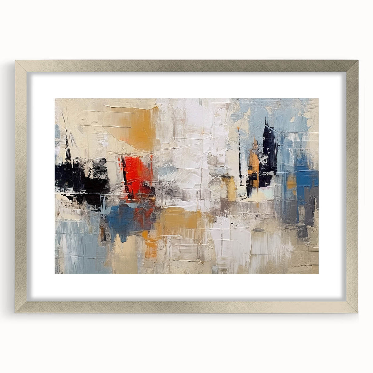 Framed abstract wall art featuring colorful strokes and lines in a sleek silver frame, ideal for modern home decor and artistic enhancement.