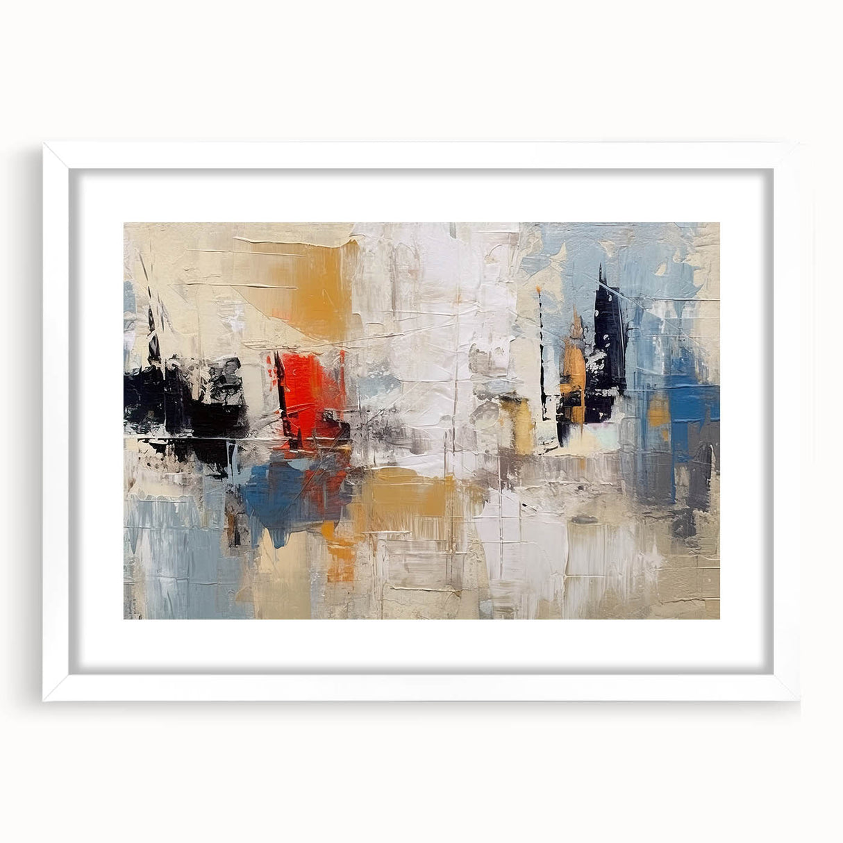 Abstract wall art print showcasing a modern design of colorful strokes and lines, framed in a sleek white mat, perfect for contemporary decor.