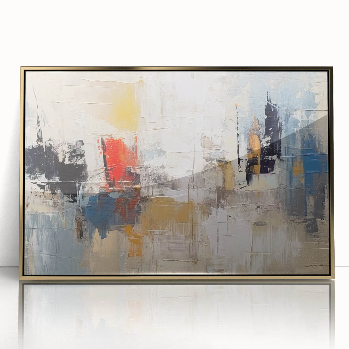 Framed abstract wall art featuring vibrant strokes and lines in gold and black, designed to enhance modern decor with elegance.