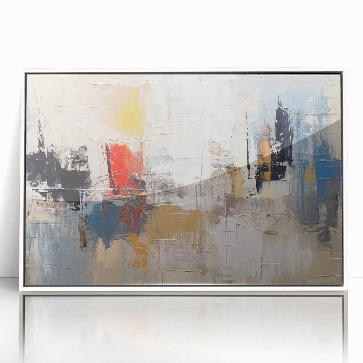 Framed abstract wall art featuring colorful strokes and lines in a modern design, set in a sleek white frame, perfect for contemporary decor.
