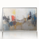 Framed abstract wall art featuring colorful strokes and lines in a modern design, set in a sleek white frame, perfect for contemporary decor.