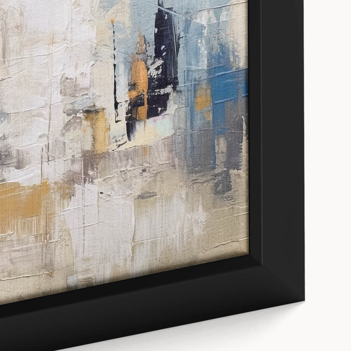 Close-up of abstract strokes and lines in vibrant colors on a framed canvas, showcasing modern wall art design with a textured finish.