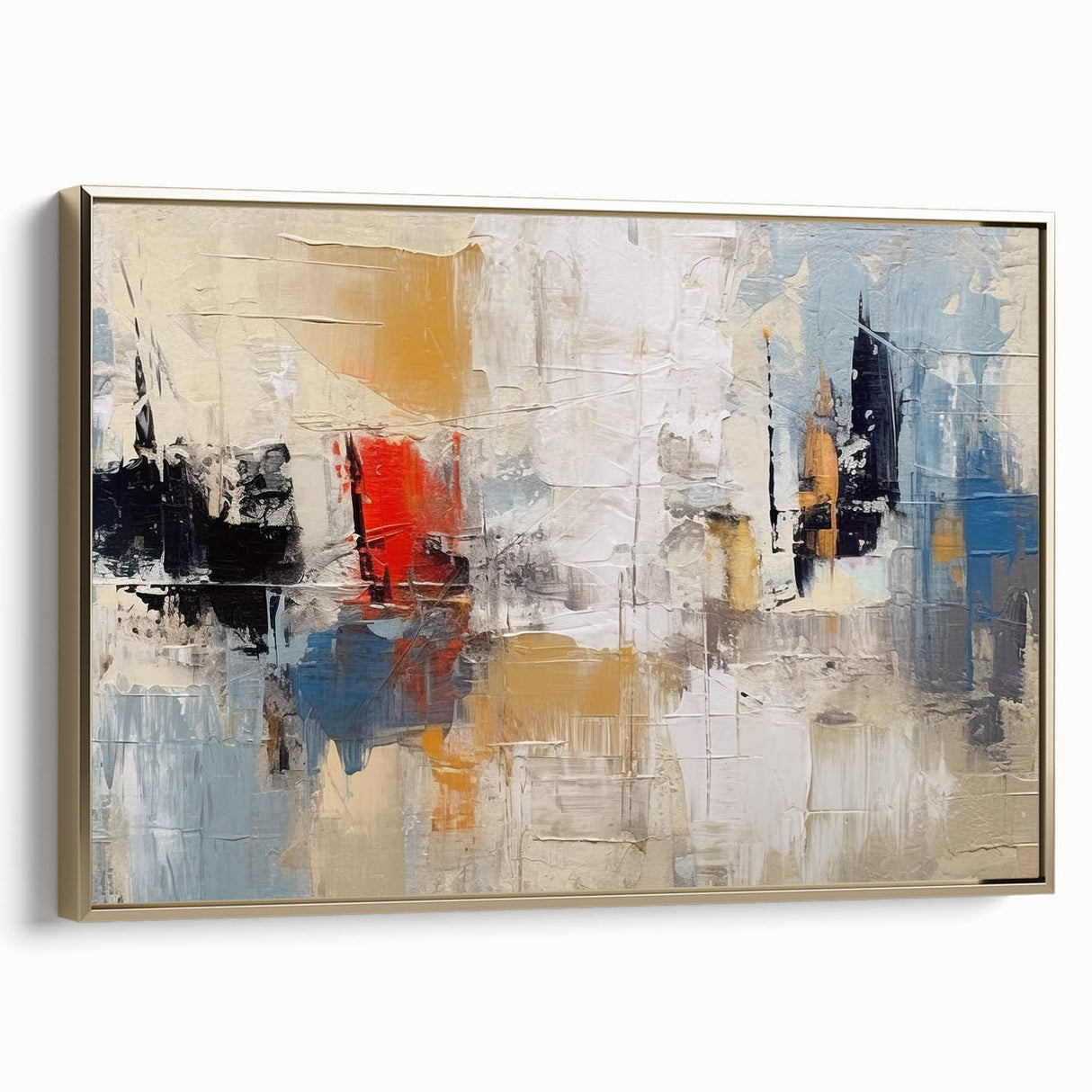 Framed canvas wall art showcasing an abstract design with gold strokes and lines, adding a touch of elegance to modern decor.