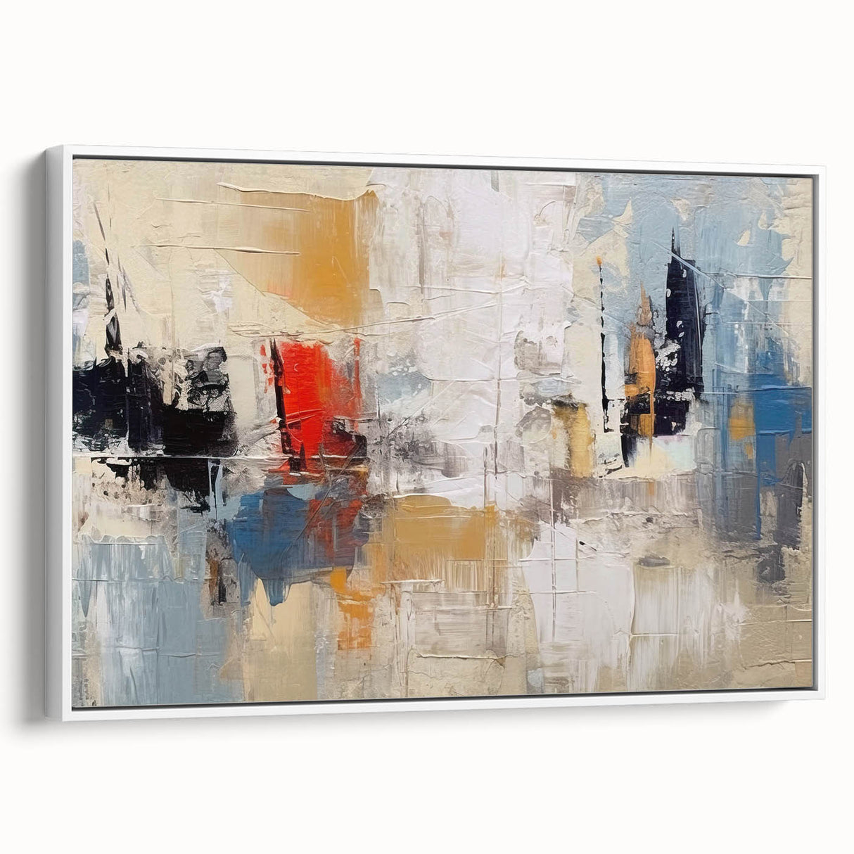 Framed abstract wall art featuring colorful strokes and lines on a white canvas, showcasing a modern design perfect for contemporary decor.