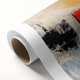 Colorful abstract strokes and lines design on rolled canvas wall art, showcasing vibrant hues of blue, orange, and green, perfect for modern decor.