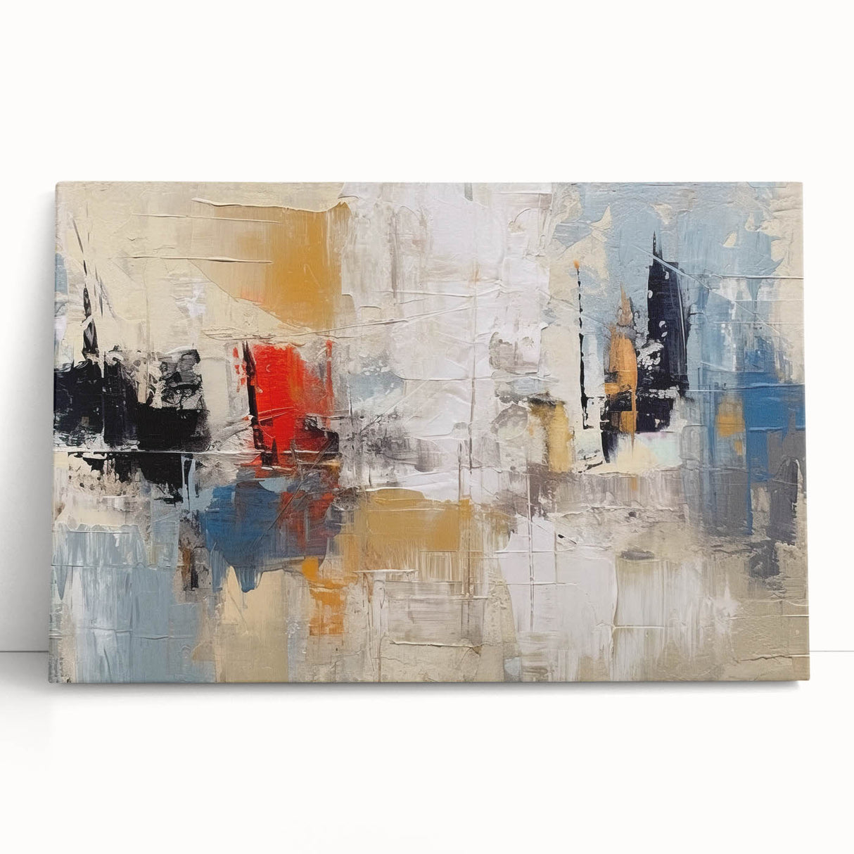 Abstract wall art featuring vibrant strokes and lines in shades of blue, orange, and yellow, designed for modern home decor.