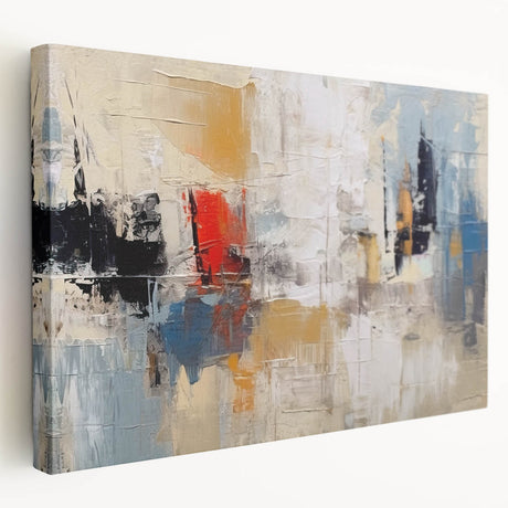 Abstract strokes and lines in vibrant hues adorn a stretched canvas wall art piece, showcasing modern artistic flair from a side view. Perfect for contemporary home decor.