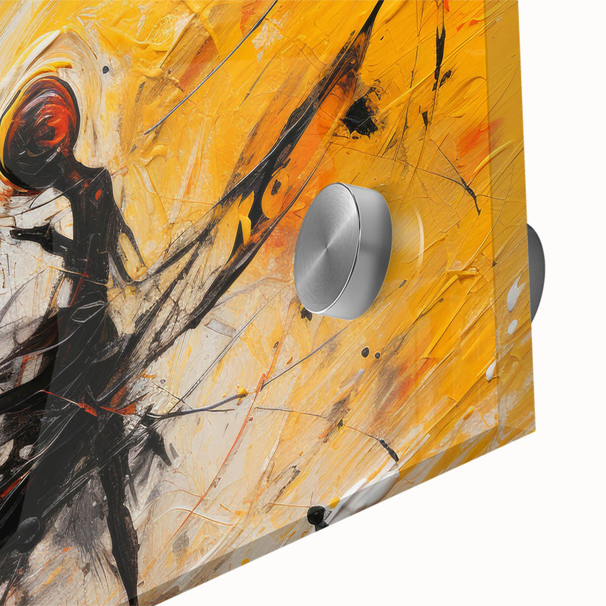 Close-up of an abstract wall art piece featuring vibrant strokes and lines in shades of blue, orange, and yellow, designed for modern decor.