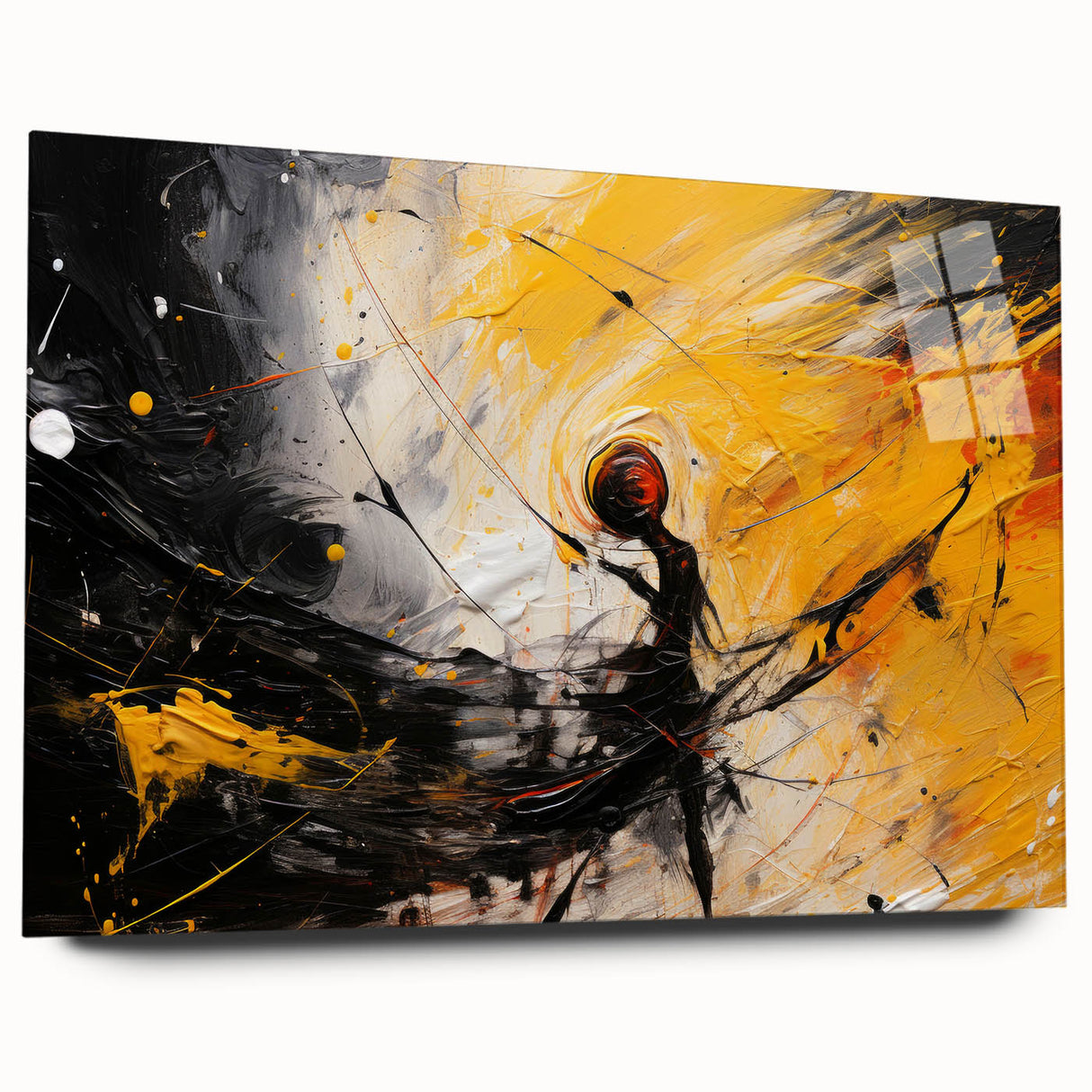 Abstract wall art design showcasing vibrant strokes and lines in a modern composition, displayed in an acrylic glass frame, emphasizing artistic depth.