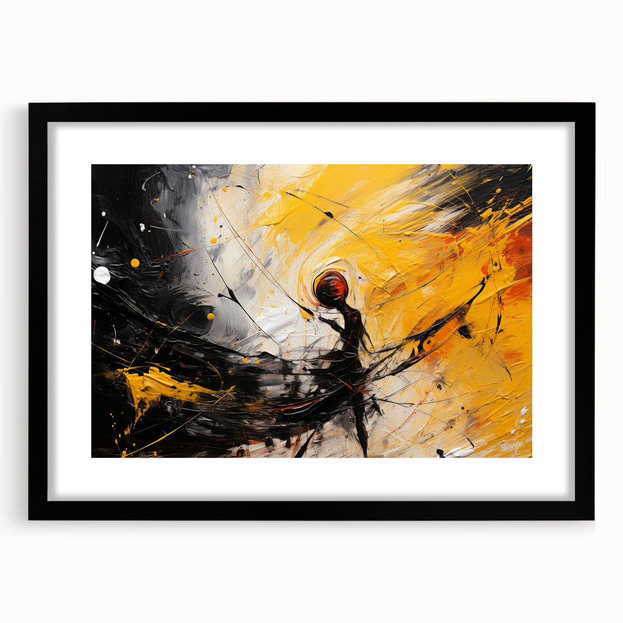 Abstract wall art featuring dynamic strokes and lines in a sleek black frame, designed to enhance modern interiors with a minimalist aesthetic.