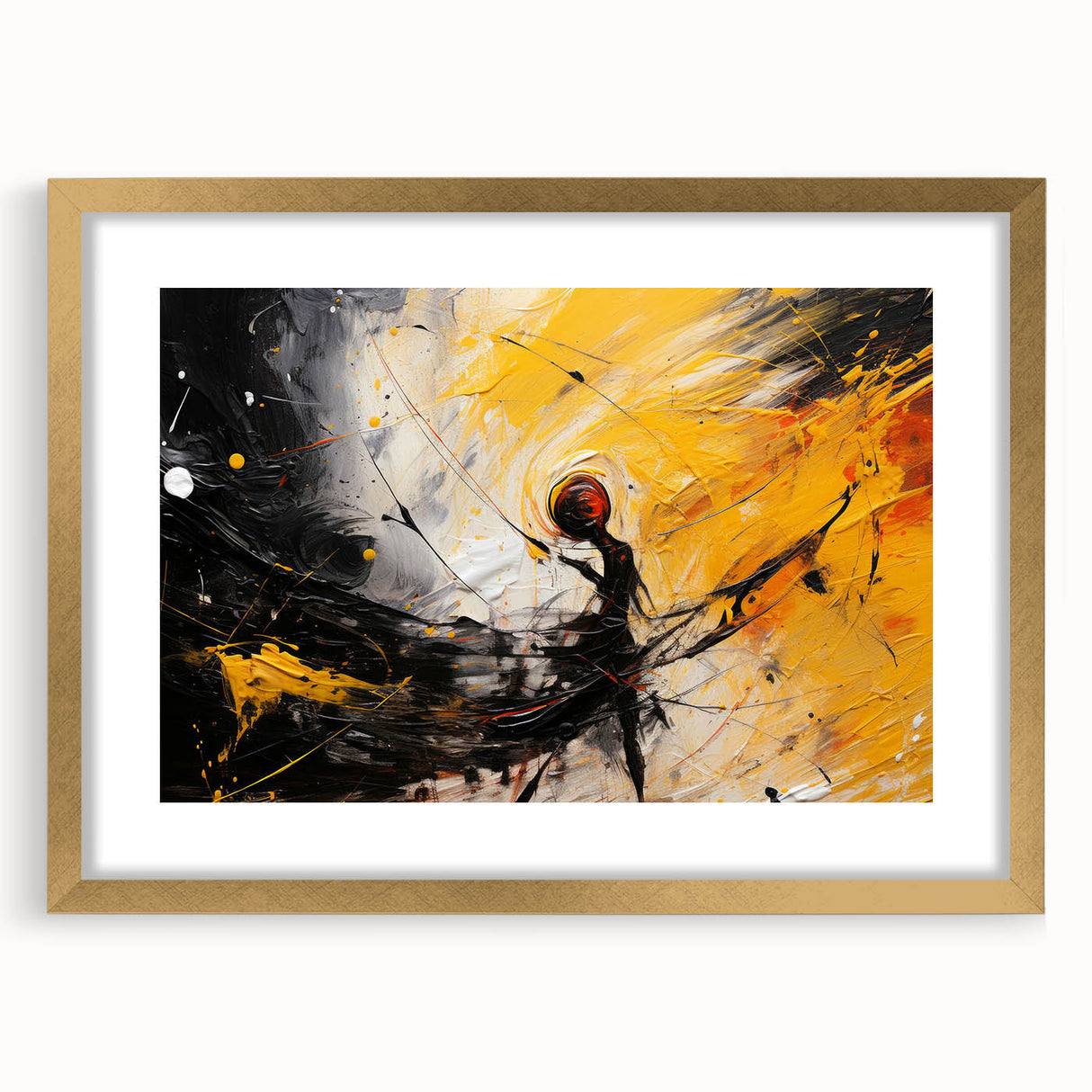Abstract wall art featuring dynamic strokes and lines in a gold frame, designed to enhance modern decor with a touch of elegance.