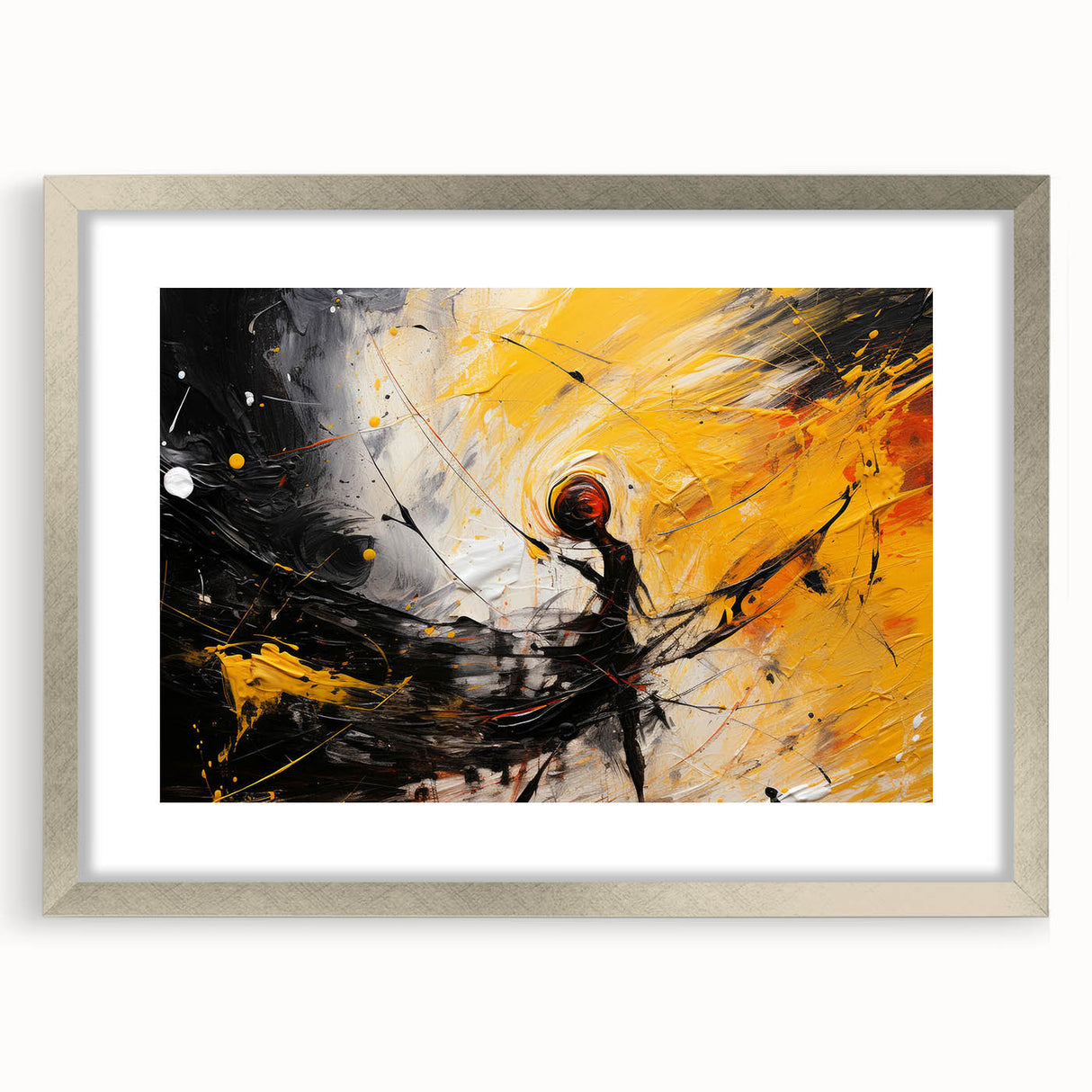 Framed abstract wall art featuring dynamic strokes and lines in soft silver tones, elegantly matted for a modern decor aesthetic.