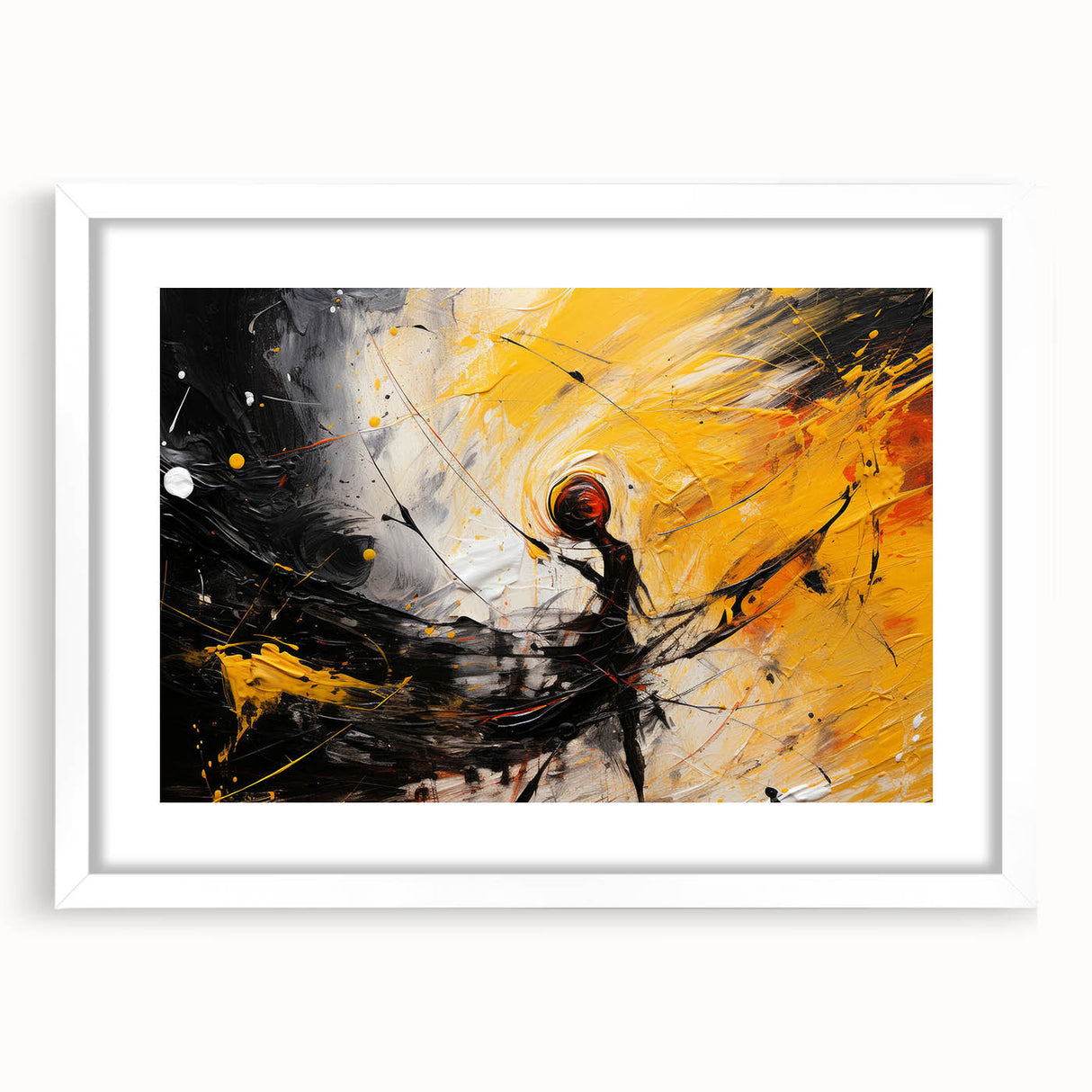 Abstract wall art print featuring colorful strokes and lines in a modern design, framed with a white mat for an elegant display.