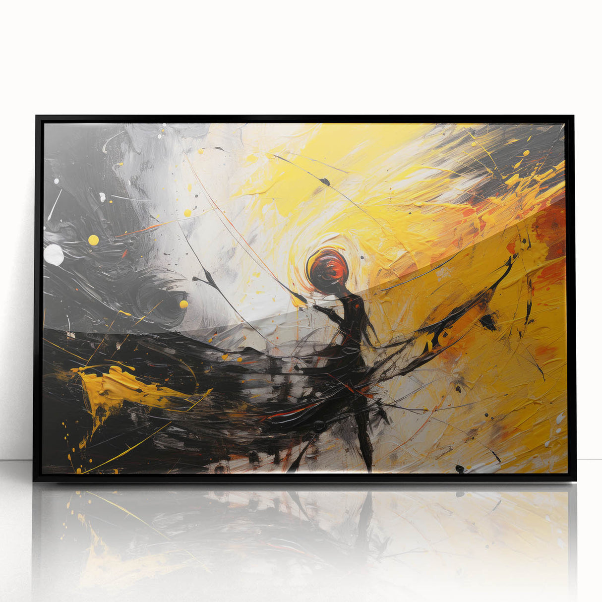 Framed wall art featuring an abstract design with colorful strokes and lines, presented in a sleek black frame, enhancing modern decor.
