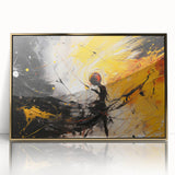 Framed abstract wall art showcasing vibrant gold strokes and lines on a sleek acrylic background, perfect for modern home decor.