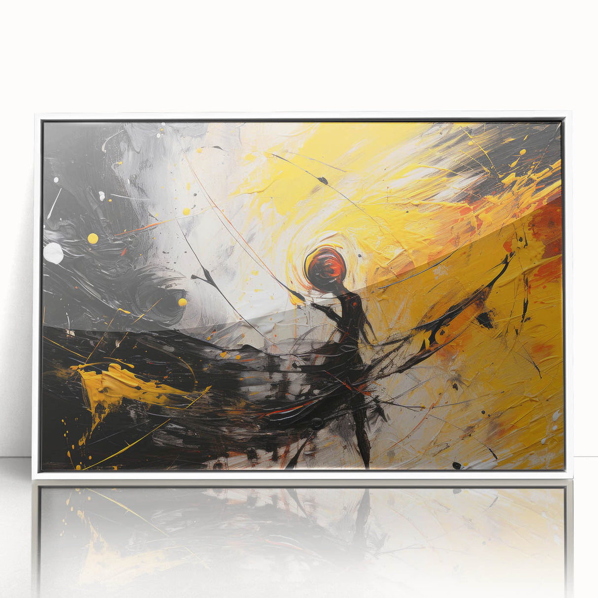 Framed wall art featuring an abstract design of colorful strokes and lines in various shades, set against a white background for modern decor.