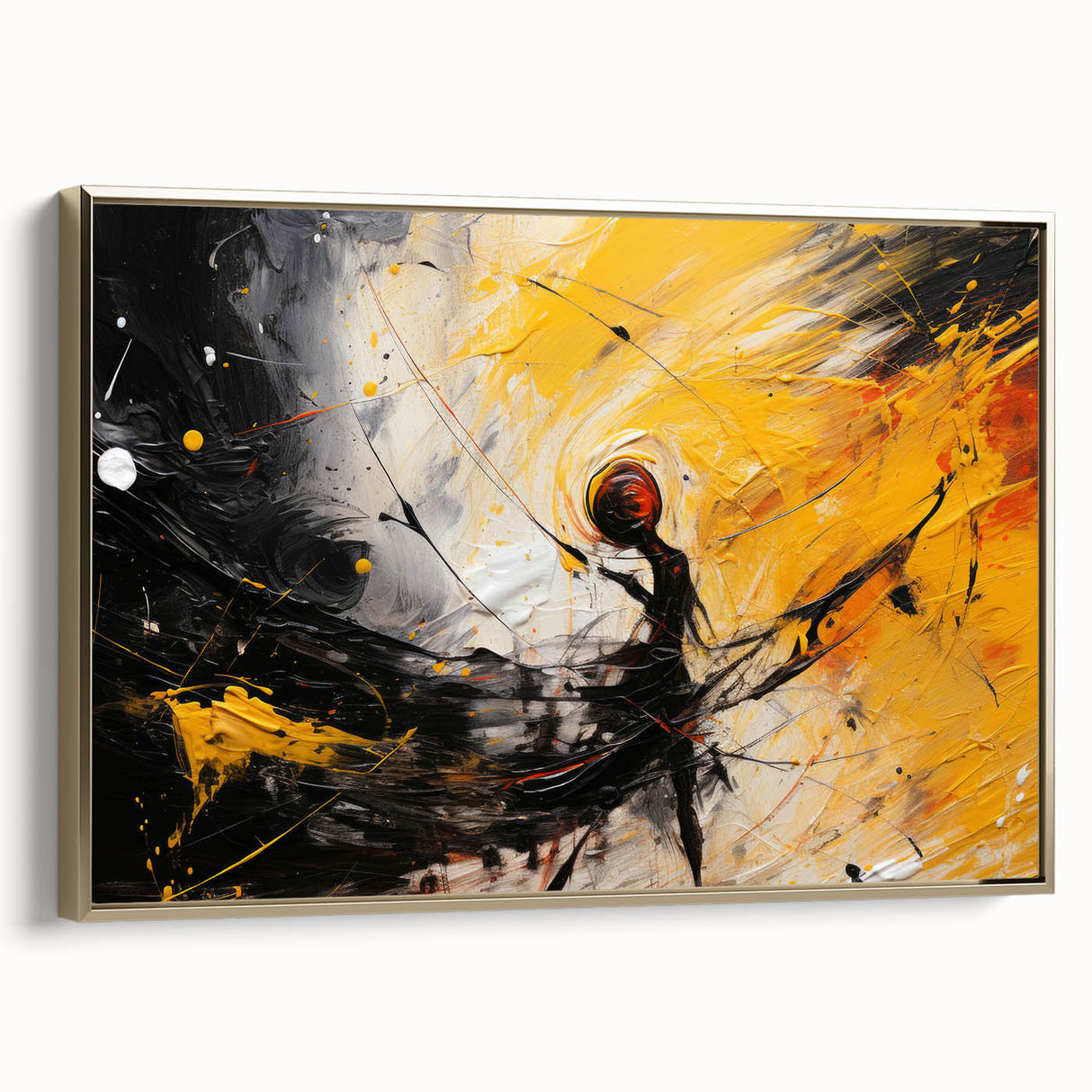 Framed abstract wall art with gold strokes and lines, showcasing a modern design on canvas, perfect for contemporary home decor.