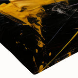 Close-up of an abstract wall art piece featuring colorful strokes and lines in vibrant hues, printed on stretched canvas for modern decor.