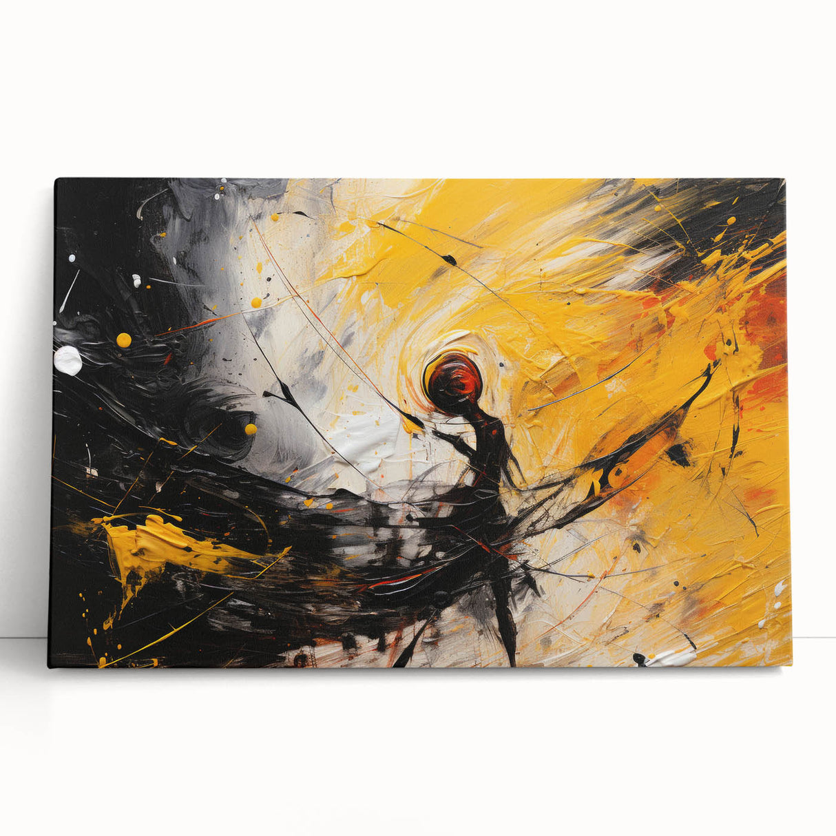 Abstract wall art design on stretched canvas, showcasing vibrant strokes and lines in a blend of blue, orange, and gold. Ideal for modern decor.