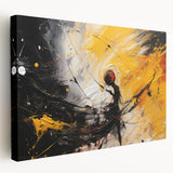 Abstract strokes and lines in vibrant colors create a modern wall art piece on stretched canvas, showcasing a side view of the artwork's depth and texture.