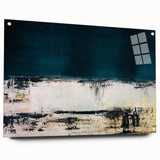 Abstract wall art featuring dynamic strokes and lines in vibrant colors, displayed in an acrylic glass frame with visible mounting pins for modern decor.