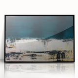 Framed wall art featuring an abstract design of colorful strokes and lines in black and white, perfect for modern home decor.