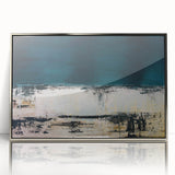 Framed abstract wall art featuring colorful strokes and lines in silver and blue hues, perfect for modern home decor or office settings.