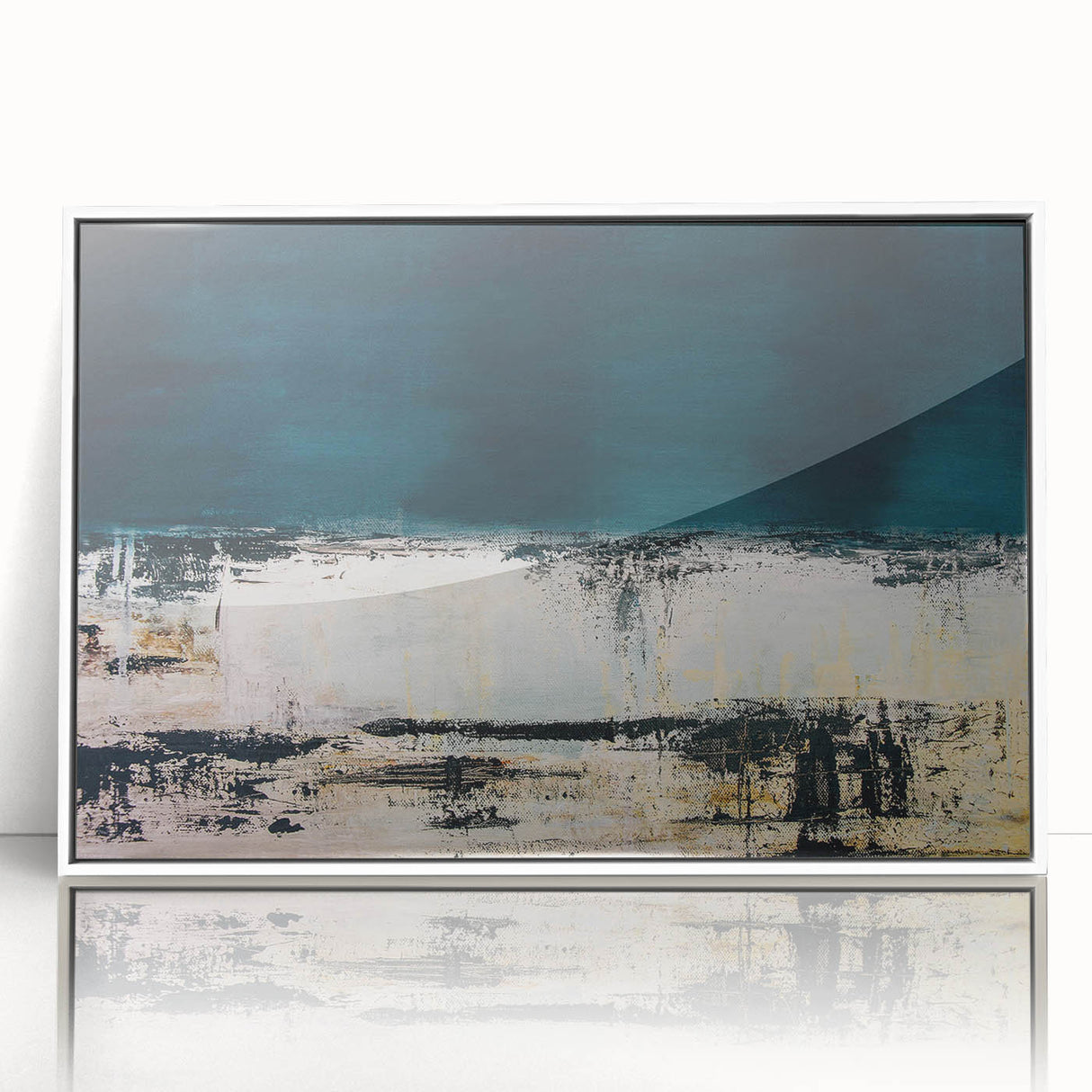 Framed abstract wall art showcasing a vibrant design of colorful strokes and lines in shades of blue, pink, and yellow, ideal for modern decor.