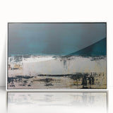 Framed abstract wall art showcasing a vibrant design of colorful strokes and lines in shades of blue, pink, and yellow, ideal for modern decor.