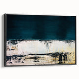 Framed abstract wall art featuring dynamic strokes and lines in black and white, offering a modern touch to home decor with a sleek side view.