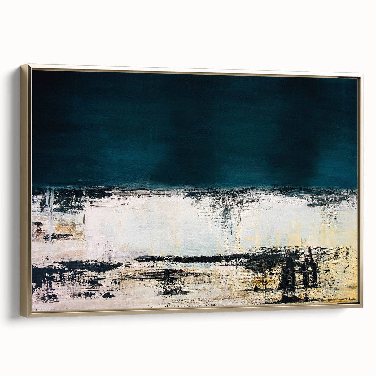 Framed canvas wall art showcasing an abstract design with golden strokes and lines, emphasizing modern elegance and sophistication in decor.