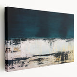 Stretched canvas wall art showcasing an abstract design of vibrant strokes and lines in shades of blue, orange, and yellow, perfect for modern decor.