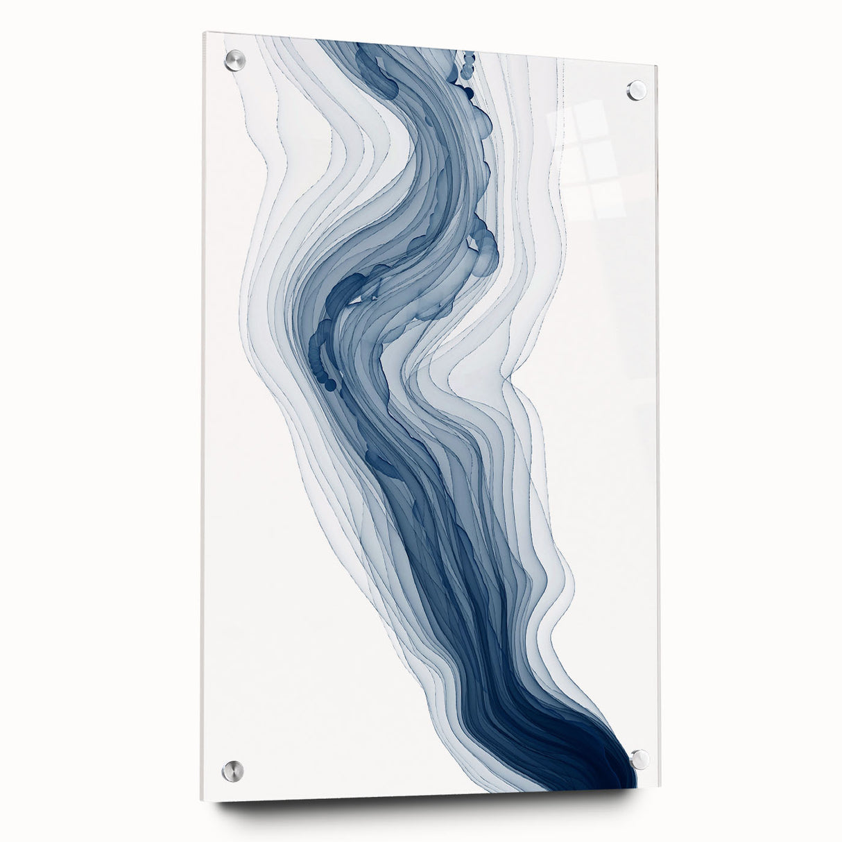 Abstract wall art featuring vibrant strokes and lines in a modern design, displayed in a sleek acrylic glass frame with mounting pins.