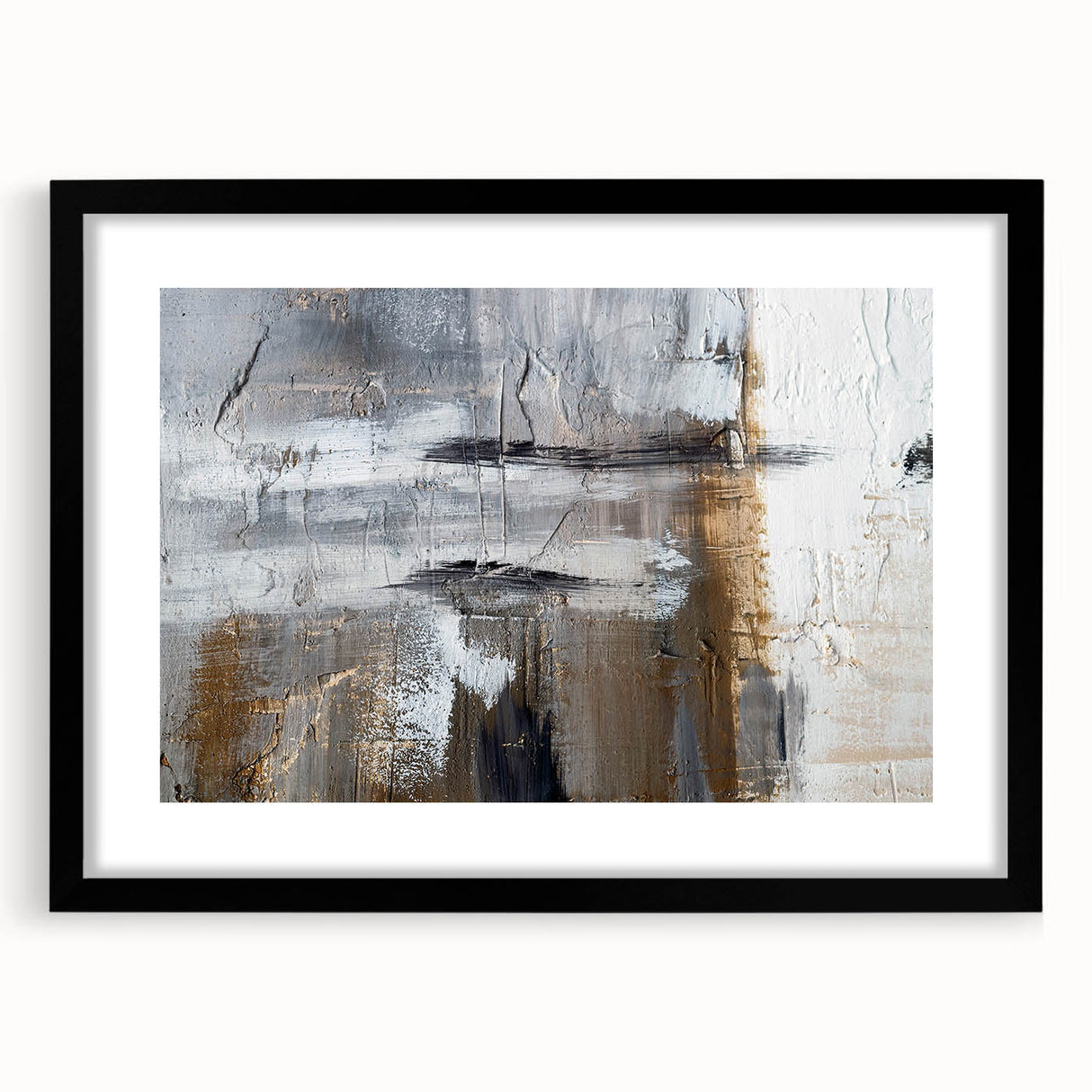 Abstract wall art featuring dynamic strokes and lines in various colors, presented in a sleek black frame with a mat, enhancing modern decor.