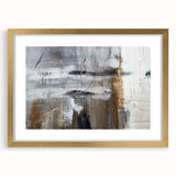 Framed abstract wall art showcasing vibrant strokes and lines in gold and neutral tones, adding modern elegance to any decor.