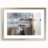 Abstract wall art design featuring flowing strokes and lines in vibrant colors, presented in a silver frame with a mat for an elegant finish.