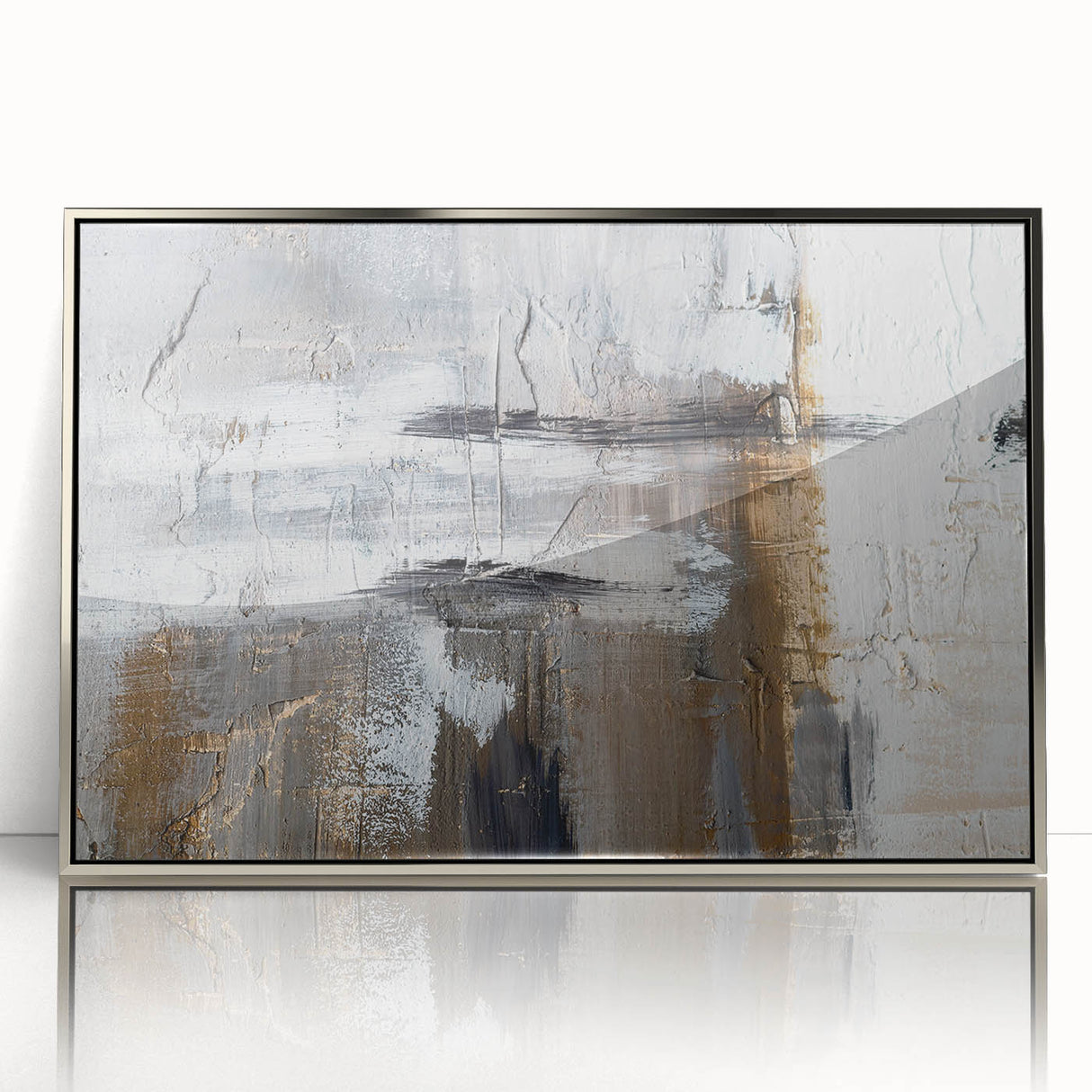 Framed abstract wall art featuring silver strokes and lines on a textured background, ideal for modern home decor and stylish interiors.