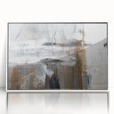 Framed wall art displaying an abstract design of colorful strokes and lines, featuring a white frame that enhances its modern aesthetic.