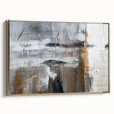 Framed abstract wall art showcasing elegant gold strokes and lines on a textured canvas, ideal for modern home decor and artistic interiors.