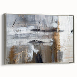 Framed abstract wall art showcasing dynamic strokes and lines in silver tones, adding a modern touch to any interior decor.
