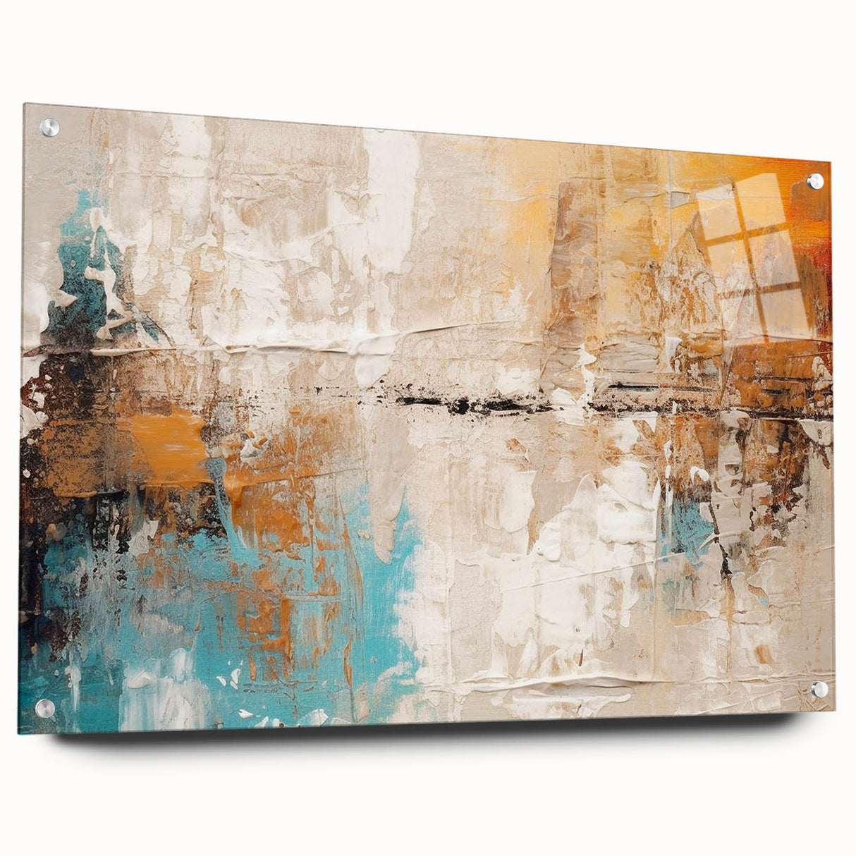 Abstract wall art design showcasing vibrant strokes and lines in a variety of colors, presented in an acrylic glass frame with visible pins.