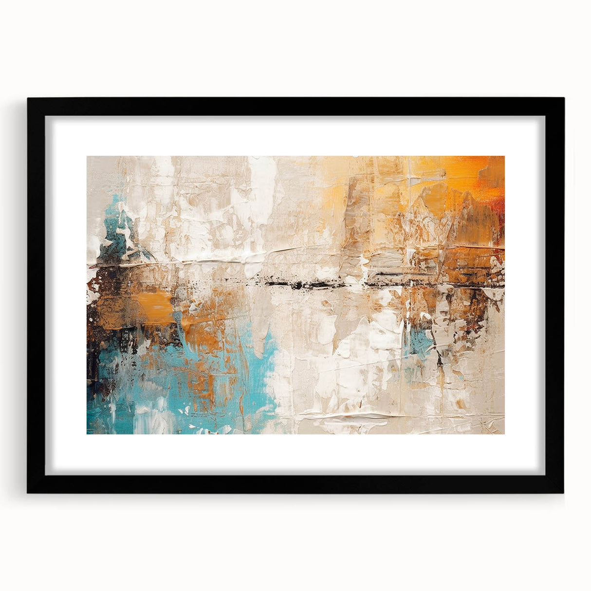Framed abstract wall art showcasing dynamic strokes and lines in a contemporary design, highlighted by a sleek black frame and mat.