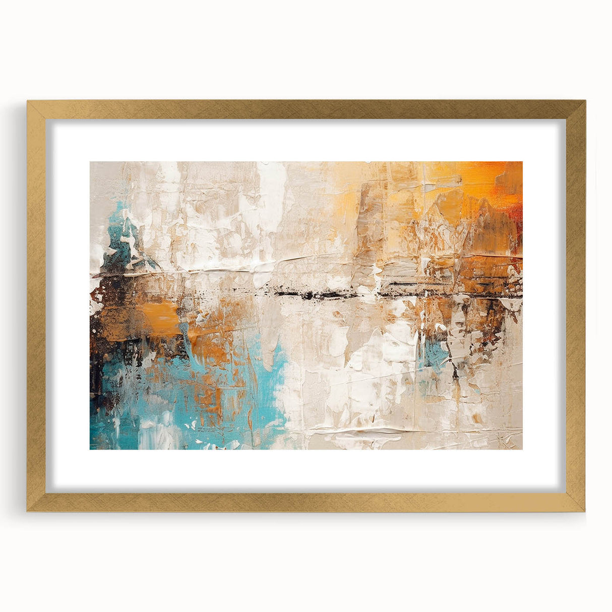 Framed abstract wall art featuring dynamic strokes and lines in gold and neutral tones, adding a modern touch to any decor.